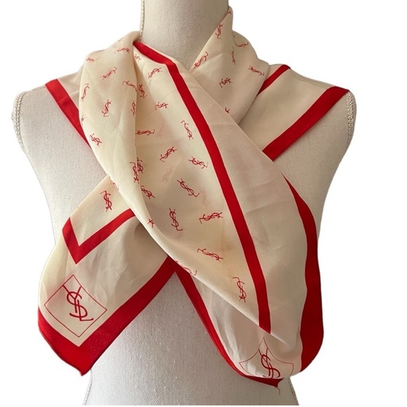 YSL Yves Saint Laurent Silk Scarf Large Multi Wear GUC Red White Monogram - Picture 2 of 12